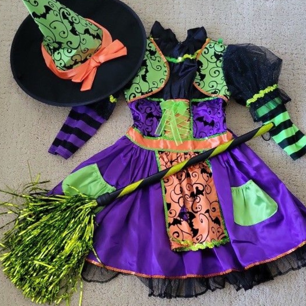*** Kids Witch Costume with Hat and Broom - Purple, Green, and Orange small